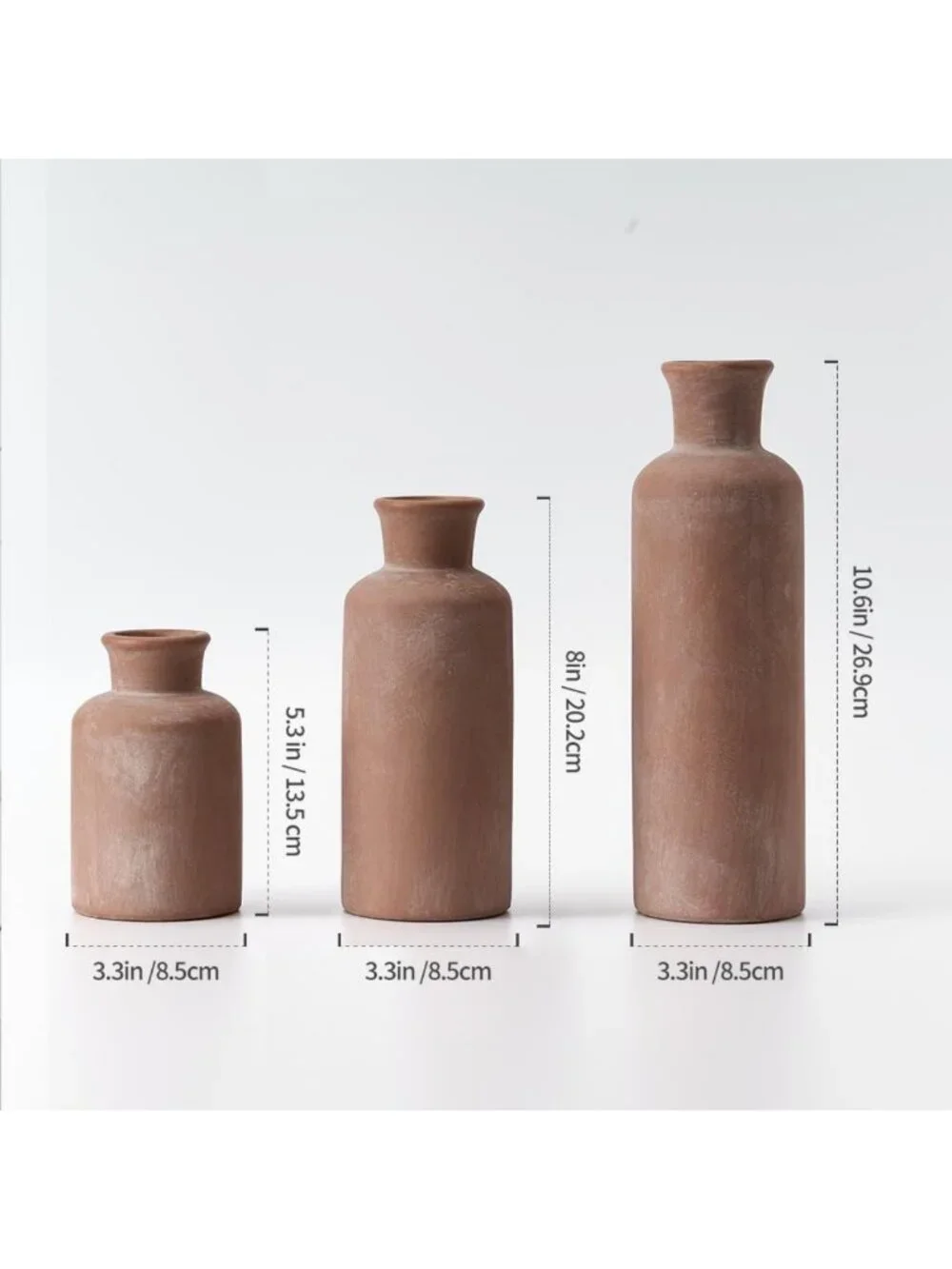 Rustic Ceramic Terracotta Vase Set of 3 | Farmhouse Home Decor for Table